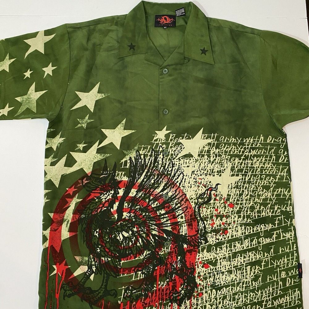 Vintage Dragonfly Phoenix Rising Dragon Button Up Camp Shirt Mens XL